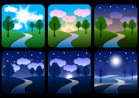 beautiful landscape with gradients. Sunrise, dawn, morning, day, noon, sunset, dusk and night. Sun time icons set. Nature landscapes at different day times. Vector Illustrationのイラスト素材