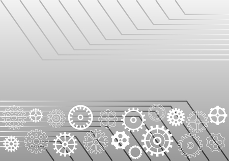 light abstract technology background. Grey gradient background with different gear wheels and horizontal parallel corner lines. Vector Illustrationのイラスト素材