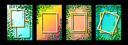 Set mockup frames and tropic leaves.  Cool floral A4 page design. Exotic plant leafs . Summer poster template. plant foliage, gold rectangular frame, title place.のイラスト素材