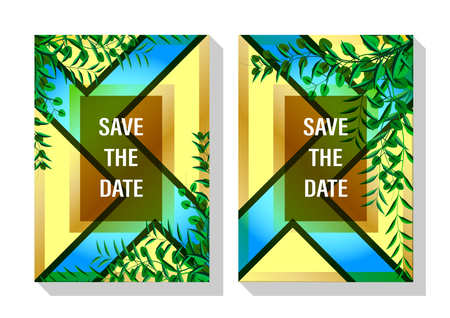 Cover design invintation card consisting of transparent geometric shapes, of yellow triangles and green twigs with leaves. Vector Illustrationのイラスト素材