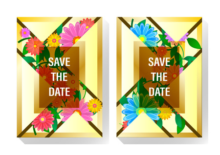 Cover design invintation card consisting of transparent geometric shapes, of yellow triangles, multicolored flowers and green twigs with leaves. Vector Illustrationのイラスト素材
