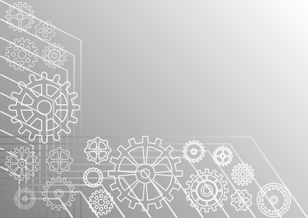 light abstract technology background. Grey gradient background with different gear wheels and horizontal parallel corner lines. Vector Illustrationのイラスト素材