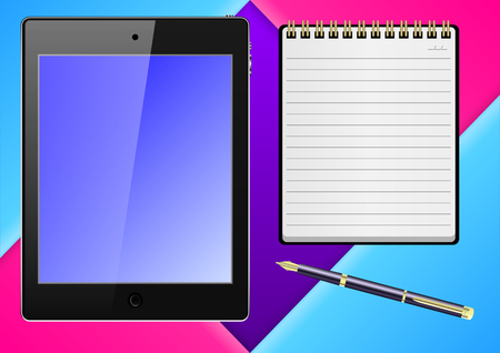 Minimal Composition Realistic tablet, notebook and pen. Top view of the workplace elements on the table. A set of  items on the desktop. Vector Illustrationのイラスト素材