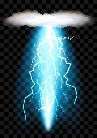 Realistic electric discharge shocked effect for design. Power electrical energy lightning spark or electricity effects realistic isolated blitz on checkered background. Clouds. Vector illustrationのイラスト素材