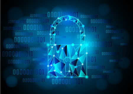 Cyber protect concept. Digital security hologram with padlock on binary code background. Vector Illustrationのイラスト素材