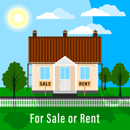 Realty for Sale or Rent. Land plot with trees, green lawn and house, fenced with front garden in sunny weather. Flat Vector Illustrationのイラスト素材