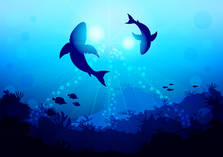 Two big sharks are circling under the water illuminated by sunlight and rays, coral reef, view with the bottom of the ocean. Realistic Vector Illustrationのイラスト素材