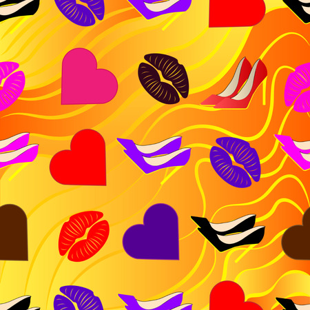Beautiful Fashion Seamless pattern. Hearts, shoes, kiss different colors on a abstract liquid gradient background. Vector Ilustrationのイラスト素材