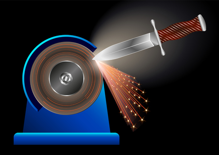 knife sharpening on a grinding machine. Beautiful hunting dagger processed in the workshop, flying bright sparks on a dark background. Realistic Vector Illustrationのイラスト素材