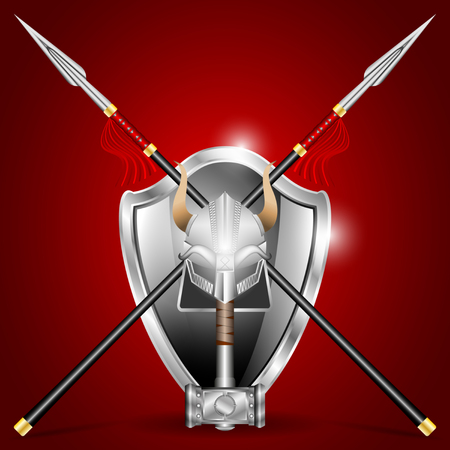 Steel Cold Weapons and armor: hammer with a pattern, crossed spear, helmet with horns, shiny shield isolated on a red background. Realistic Vector illustrationのイラスト素材