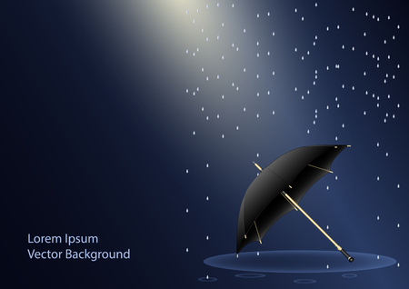 Realistic umbrella lying under the rain and sunlight through the clouds. Vector Illustrationのイラスト素材