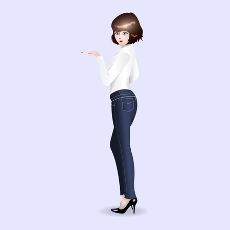 young woman in jeans posing sideways, in black high-heeled shoes, isolated on light background. Vector Illustrationのイラスト素材