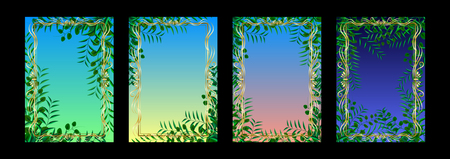Set mockups golden decorative frames and tropic green leaves on a gradient sky, format A4, vertical orientation. Vector Illustrationのイラスト素材