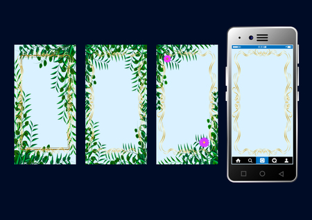 Commercial Stories template Background for Smartphone. Set mockups golden decorative frames and tropic green leaves on a light blue background, mobile format, vertical orientation. Vector Illustrationのイラスト素材