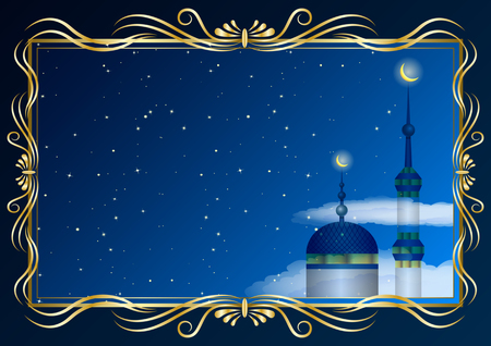 Golden decorative frame and mosque, minaret on the background of the starry sky and clouds. Vector Illustrationのイラスト素材