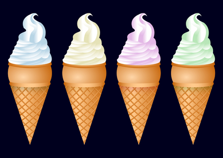 different colors ice cream in waffle cup isolated on a black background. Realistic vector Illustrationのイラスト素材