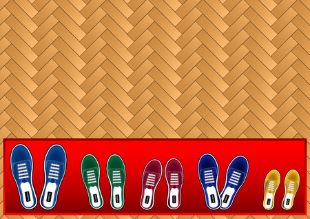 sneakers of family members different colors on the red carpet and parquet floor the view from the top. Realistic Vector Illustrationのイラスト素材