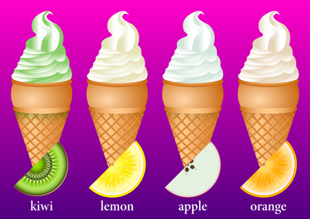 different types of fruit ice cream in waffle cups: kiwi, lemon, apple, orange isolated on a gradient background. Realistic vector Illustrationのイラスト素材