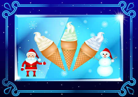 Ice Cream in waffle cups, Santa Claus and snowman in a beautiful frame, on a transparent plate in snowflakes, prism on a dark blue background. Vector Illustrationのイラスト素材