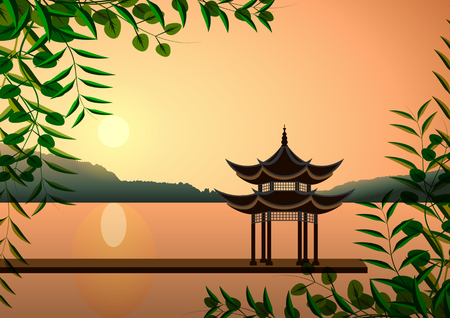 Beautiful Eastern landscape. Pagoda at sunset on the shore lakes or rivers. Vector Illustrationのイラスト素材