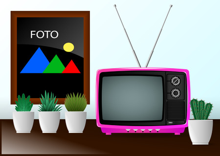 Realistic minimal composition, pink color old vintage retro portable television and hause plants cactuses on table, photoframe. Vector Illustrationのイラスト素材