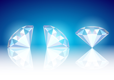 Set Realistic Diamonds, Brilliants on the mirror surface. Closeup for decorative design. Gems and jewels on blue background. Beautiful Shiny gemstone.  Colorful vector illustration.のイラスト素材
