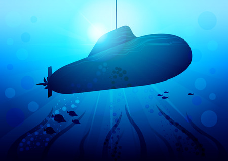 Realistic Submarine in the sun glare under the water among algae and fish. Vector Illustrationのイラスト素材