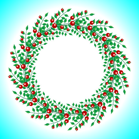 round wreath of red berries and green branches with leaves isolated on gradient background. Vector Illustrationのイラスト素材