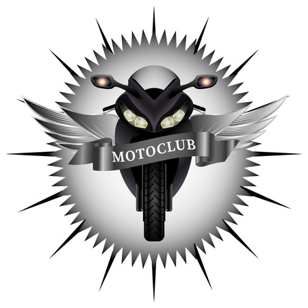 Round black motoclub emblem. Modern Motobike with silver wings, wavy ribbon. Biker patch. Front view.  Realistic Vector Illustrationのイラスト素材