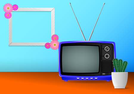 Realistic minimal composition, blue color old vintage retro portable television and hause plants cactus on table, photoframe with a flower. Vector Illustrationのイラスト素材
