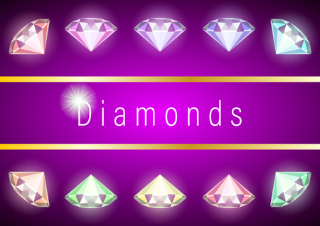 Set realistic multicolored diamonds. Closeup for decorative design. Gems and jewels on purple background. Multicolor shiny gemstone with cuts.  Colorful vector illustration.のイラスト素材