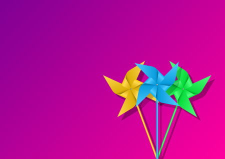Paper different colors windmills isolated on purple gradient background. Vector Illustrationのイラスト素材