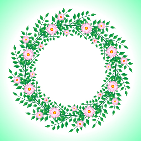 round wreath of pink flowers and green branches with leaves isolated on gradient background. Vector Illustrationのイラスト素材