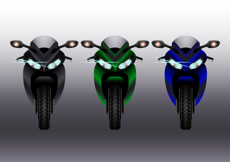Set Realistic Modern Motobikes. Front view. Sportbike with the lights on on black gradient background.  Vector Illustrationのイラスト素材