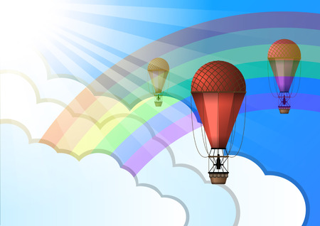 Vintage Air balloons of different colors on the background of blue sky, rainbow, clouds and sunlight. Vector Illustrationのイラスト素材