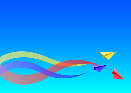 Concept beautiful colorful paper airplanes left a trail in the sky. Travel, route symbol. Vector Illustrationのイラスト素材