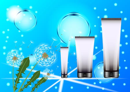 Advertising Cosmetics plastic tubes, dandelions with flying fluff on the blue sky and transparent water bubbles background. Realistic Vector Illustrationのイラスト素材