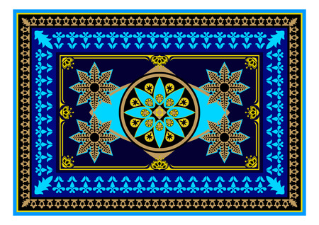 Carpet with blue and yellow colors. The Eastern rectangular rug with different patterns and frames. Tribal texture Vector Illustrationのイラスト素材