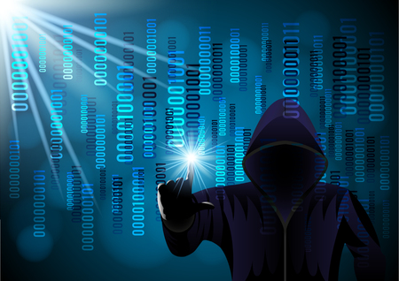 Black hooded man, hacker on a digital blue Binary matrix background. Cyber security, information privacy, data protection, Internet hacking. Vector Illustrationのイラスト素材