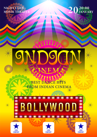 Indian Cinema Bollywood  poster for night party background design. Movie banner with beautiful patterns  in a circle. Vector Illustrationのイラスト素材