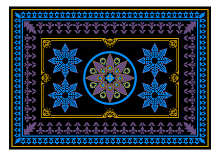 Carpet with blue and yellow colors. The Eastern rectangular rug with different patterns and frames. Tribal texture Vector Illustrationのイラスト素材