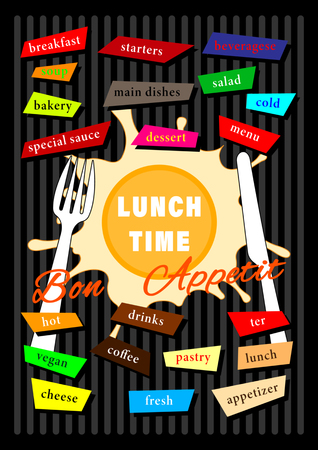 Cover Broshure Design Menu Lunch Time. Lettering, graphics logo, flat style. Vector illustrationのイラスト素材