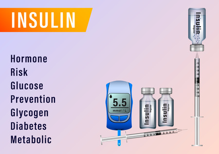 Insulin pharmaceutical Bottle and Disposable Syringe for Injection poster, banner. Medicine health care. Sugar diabetes. Realistic Vector Illustrationのイラスト素材