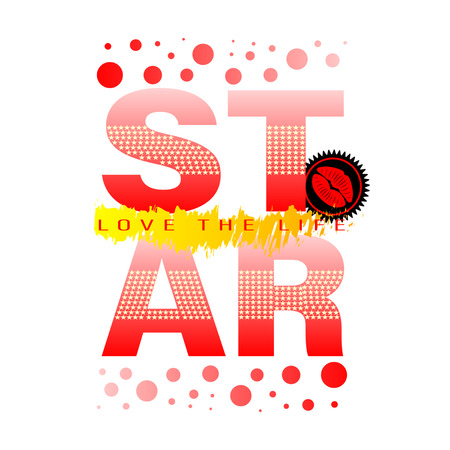 Shirt Gradient Slogan Star, Love the Life. Lips, Kiss and Spots. Print Design Vector Illustrationのイラスト素材