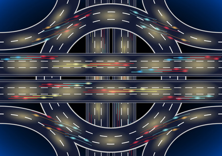 Auto Road roundabout interchange light traces from cars and city lights at night or late at evening, top view. Vector Illustrationのイラスト素材