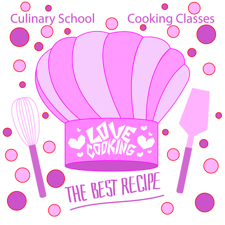 Print Slogan Cooking School. Pink Chef's hat, paddle and whisk. Culinary School, Cooking Classes. Flat style vector illustrationのイラスト素材