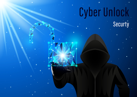 Hooded man, hacker and open padlock from triangular fragments on a night starry sky digital background. Cyber security, information privacy, data protection, Internet hacking. Vector Illustrationのイラスト素材