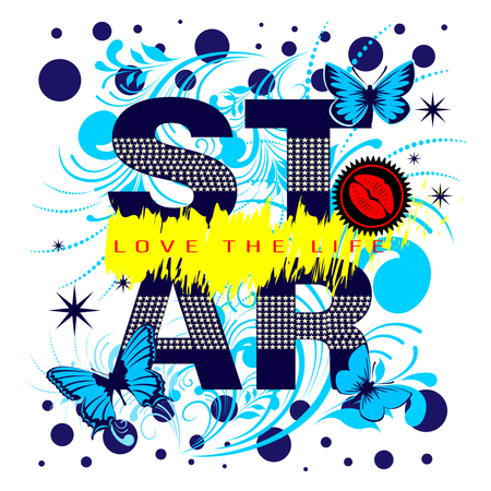 Shirt Slogan Star, Love the Life isolated on a white background. Batterfly, flower pattern, Lips, Kiss and Spots. Print Design Vector Illustrationのイラスト素材
