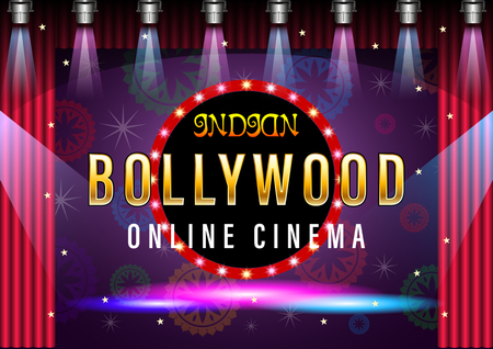 Indian gold Bollywood Online Cinema Banner for web purple background design. Movie screen, banner or poster with beautiful patterns garland in a circle. Vector Illustrationのイラスト素材