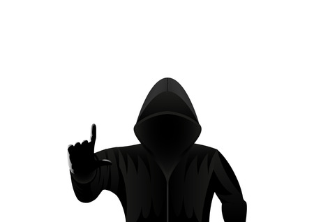 hooded man in black isolated on a white background push your finger in the space. Cyber security, information privacy, data protection, Internet hacking. Vector Illustrationのイラスト素材